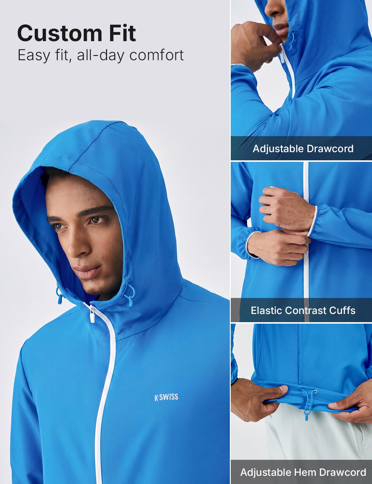 K-Swiss Men's UPF 50+ Windbreaker Jacket - Lightweight Full Zip Hoodie Long Sleeve for Hiking Outdoor - Image 4