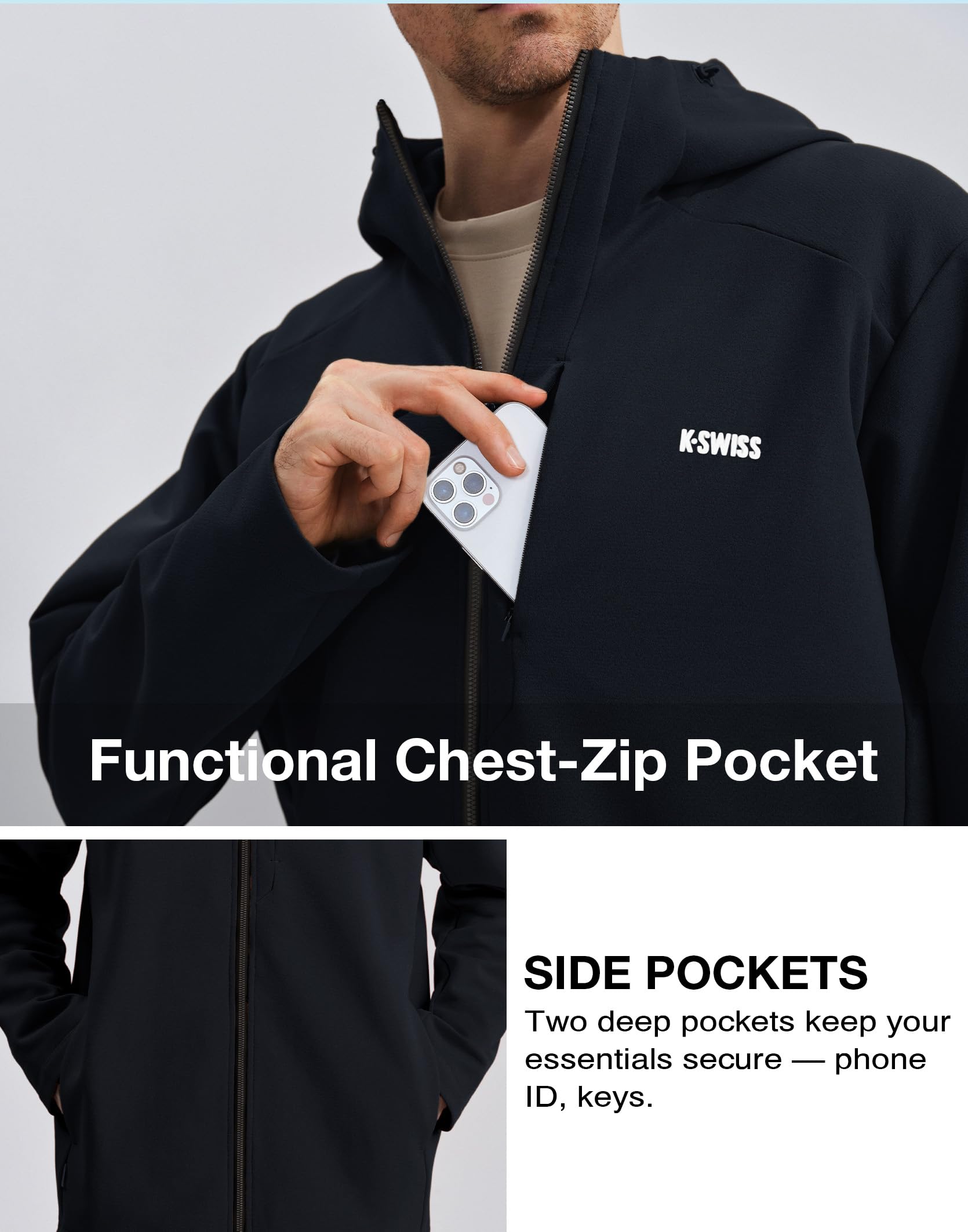 K-Swiss Mens Lightweight Softshell Jacket - Oversized Hooded Zip Up Coat with Front Zipper Pocket for Casual Outdoor Winter - Image 3
