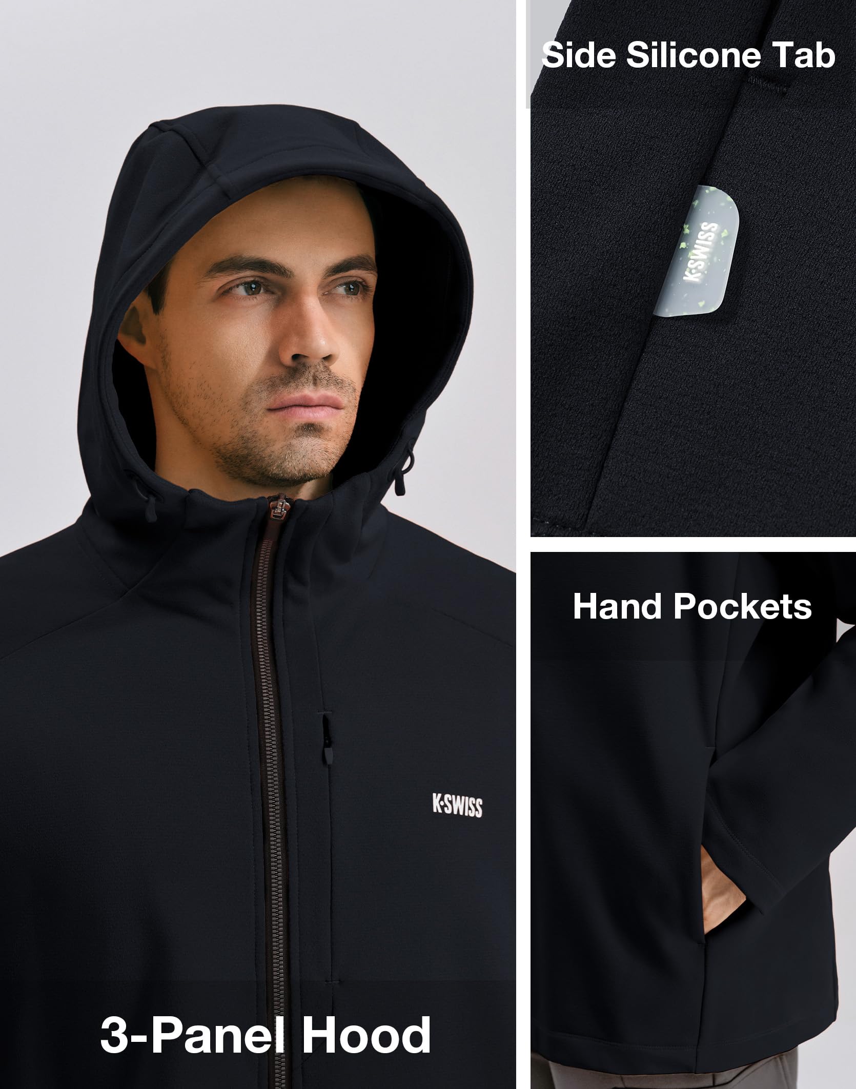 K-Swiss Mens Lightweight Softshell Jacket - Oversized Hooded Zip Up Coat with Front Zipper Pocket for Casual Outdoor Winter - Image 4
