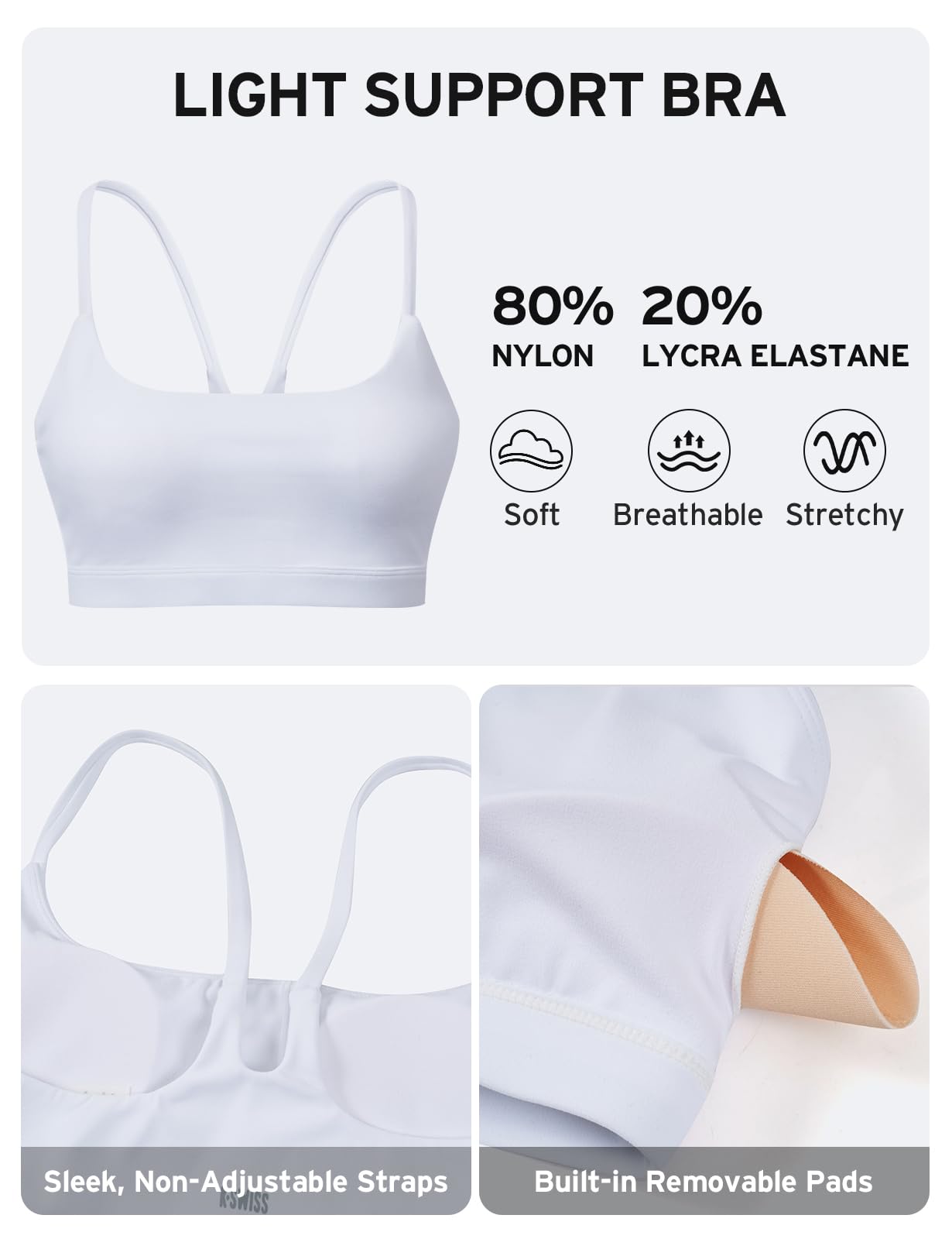K-Swiss Sports Bras for Women - Light Impact Unadjustable Scoop Neck Thin Strappy Wireless Padded Yoga Workout Gym Tops - Image 5