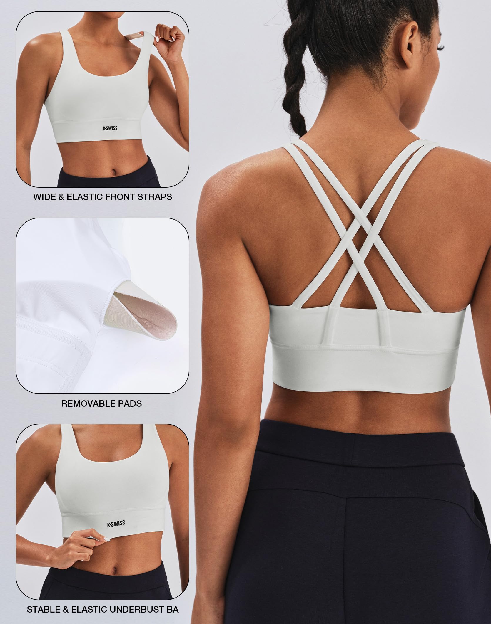 K-Swiss Sports Bras for Women - Padded Strappy Bras with Criss Cross Back Medium Support for Running Workout Yoga Gym - Image 5