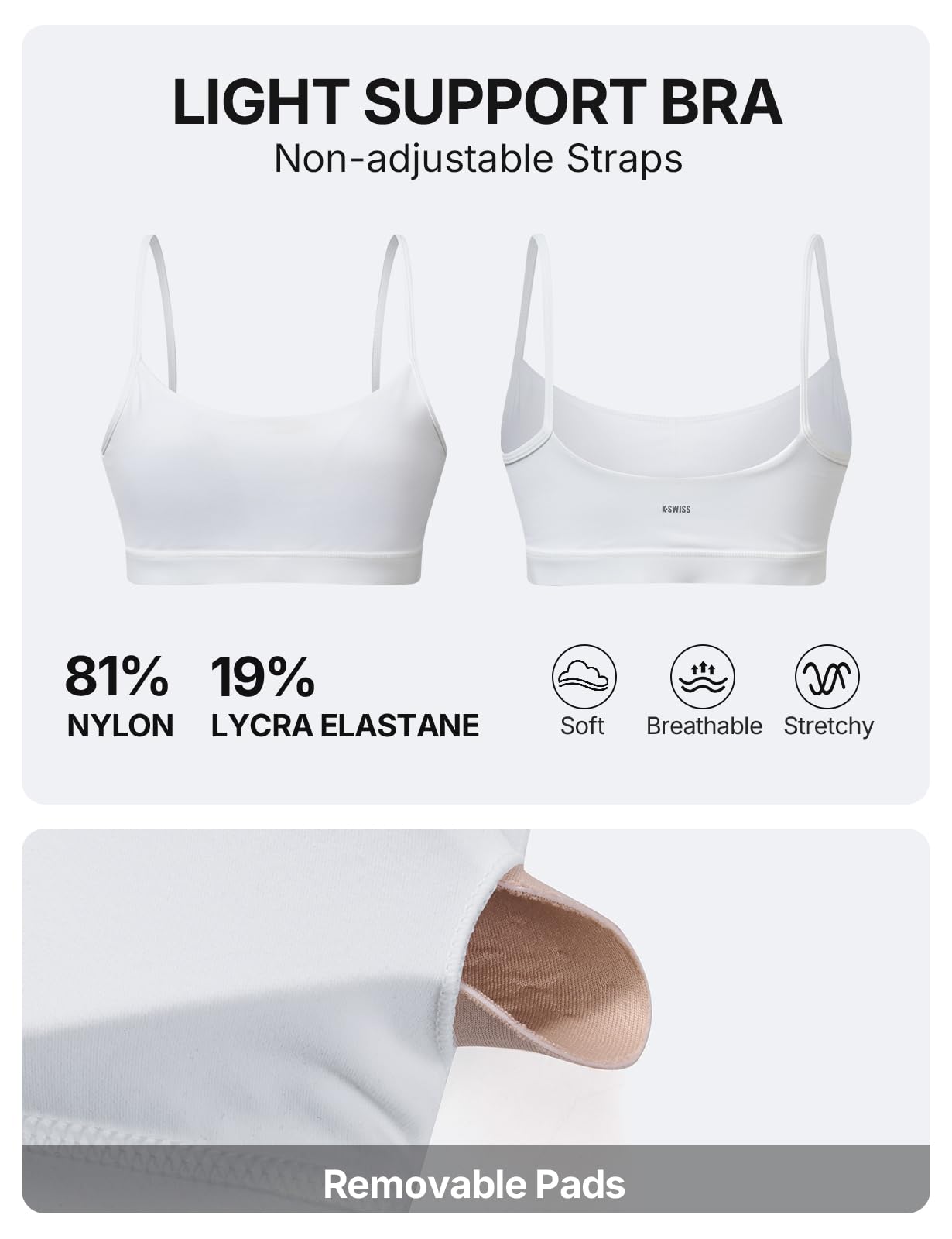 K-Swiss Sports Bras for Women - Thin Straps U Back Light Impact Strappy Wireless Padded Yoga Workout Gym Tops - Image 5