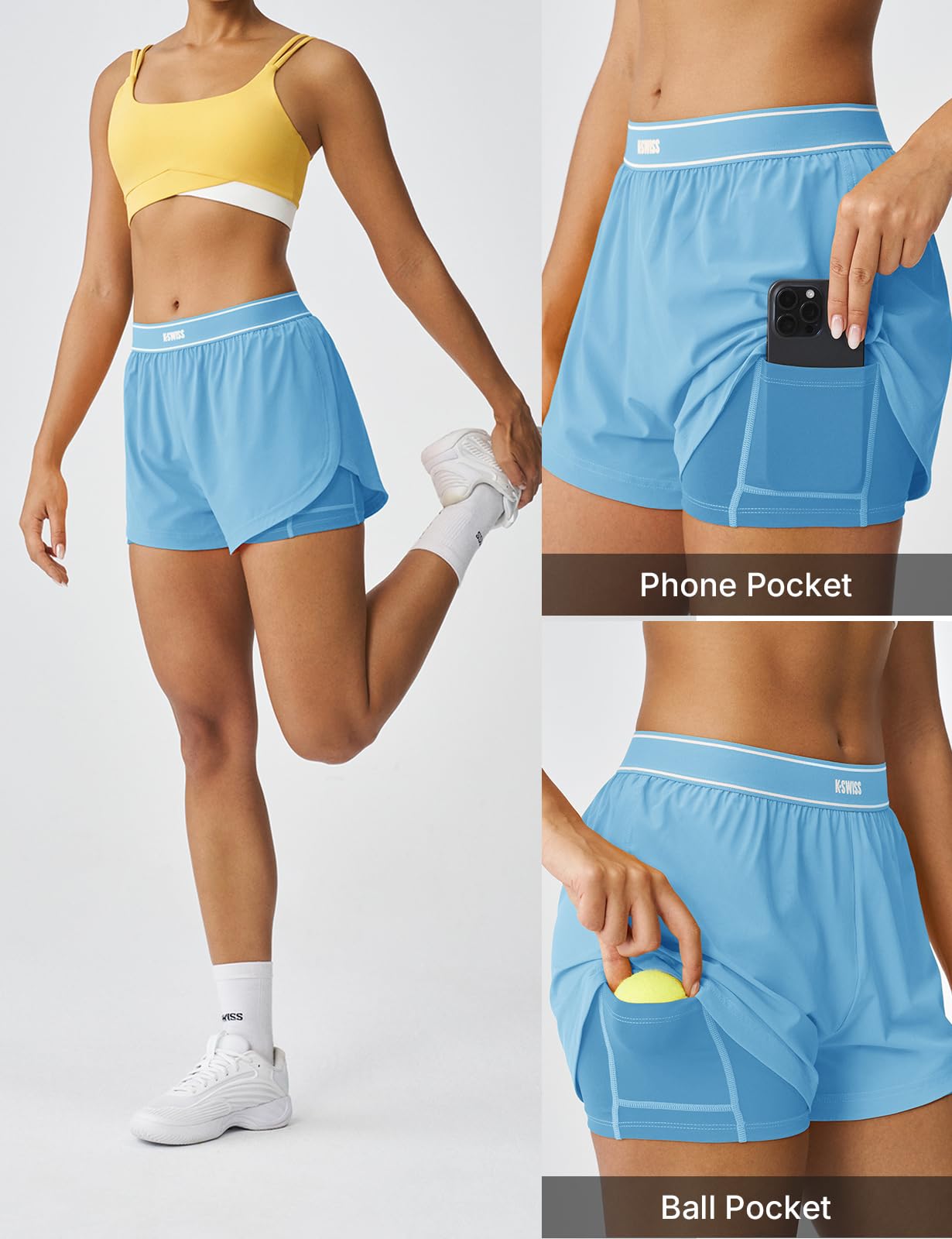 K-Swiss Women's 2 in 1 Athletic Running Shorts with Liner Pockets for Gym Workout Tennis - Image 6