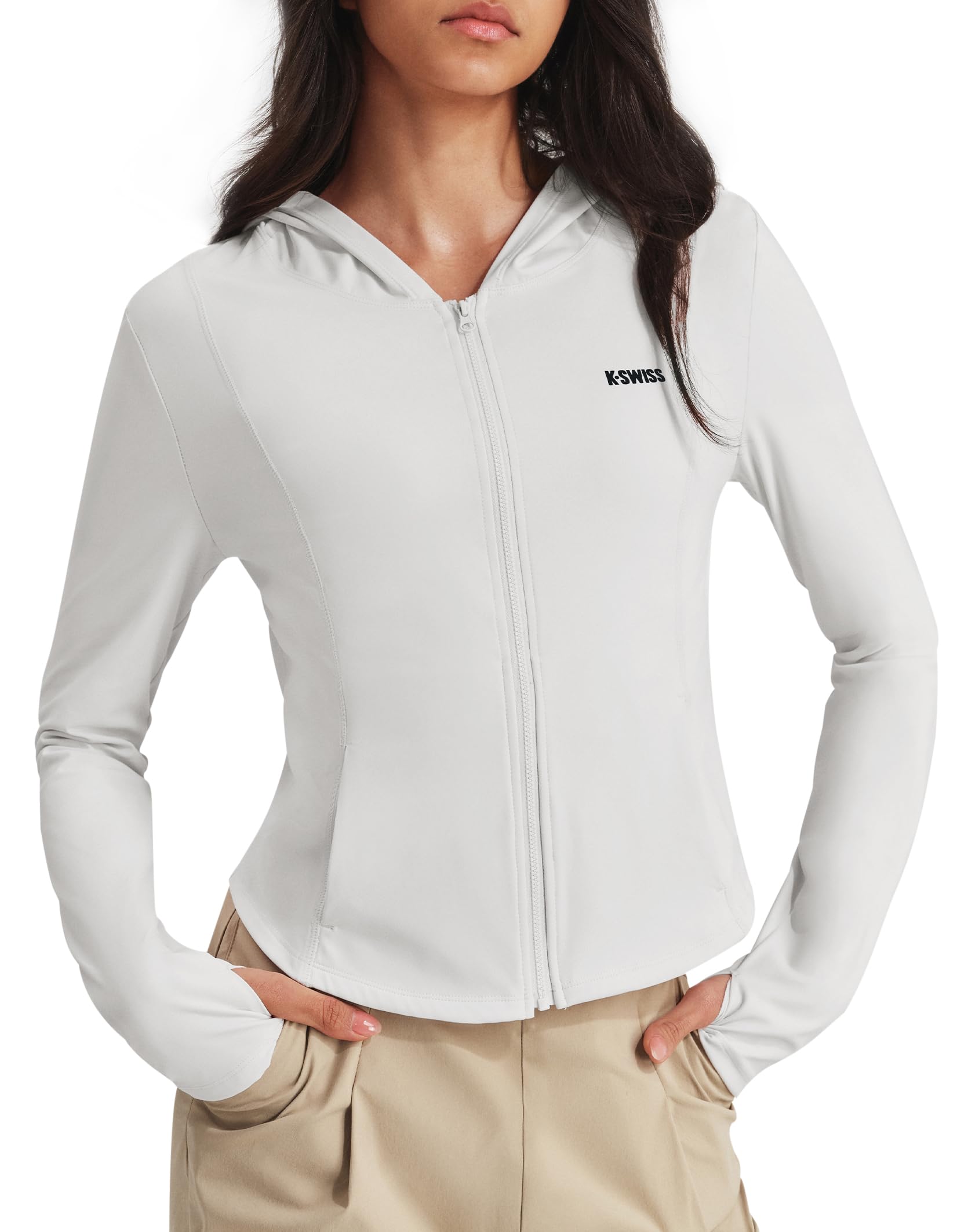 K-SWISS Women's Cropped Workout Jacket - Zip Up Slim Fit Lightweight Tops - Athletic Jackets with hood & Thumb holes