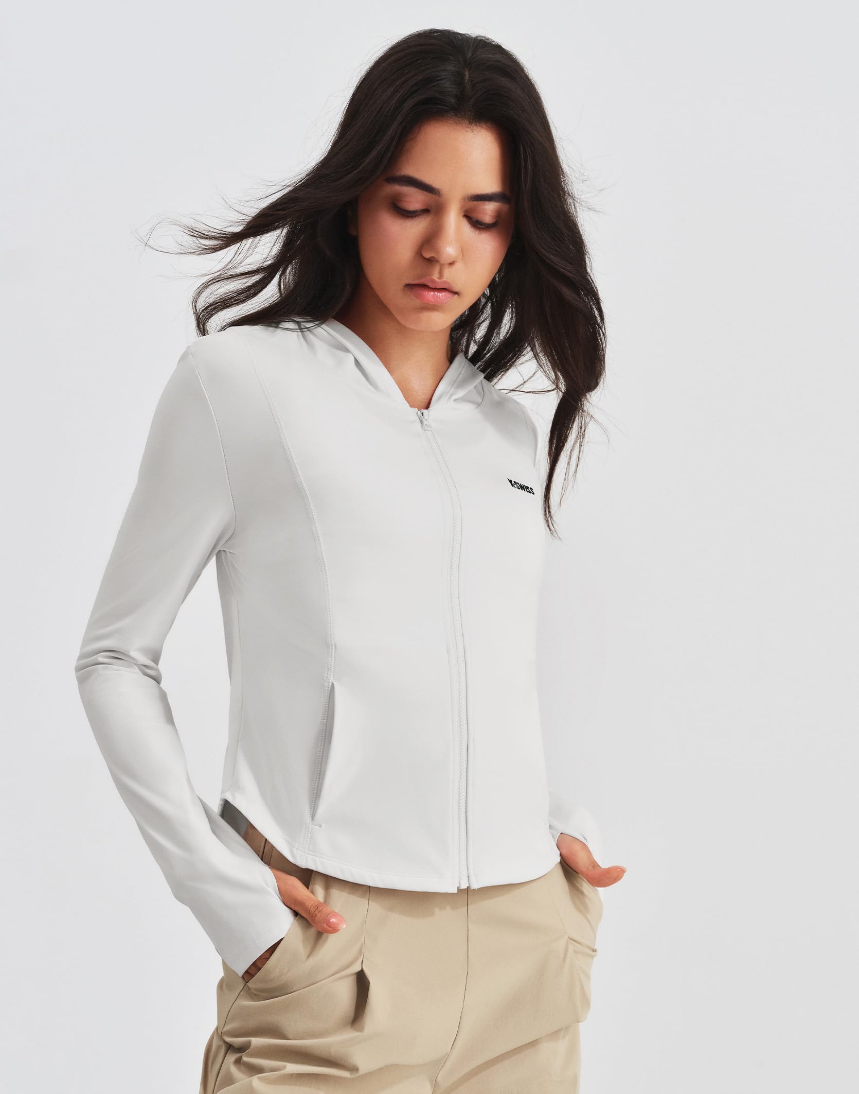 K-SWISS Women's Cropped Workout Jacket - Zip Up Slim Fit Lightweight Tops - Athletic Jackets with hood & Thumb holes - Image 2
